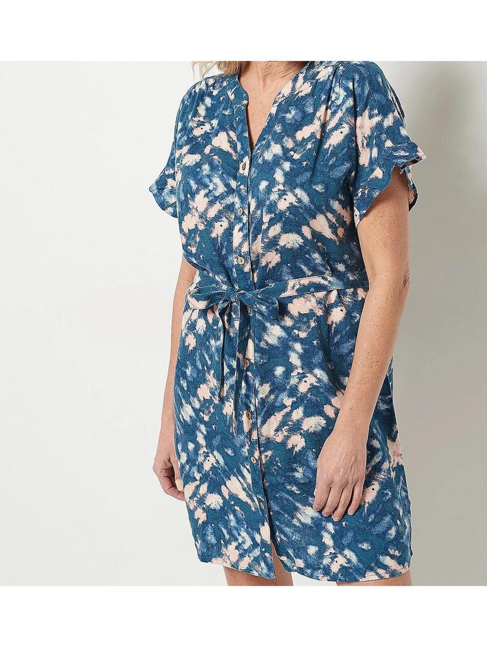 3058 Denim & Co. Beach Ruffle Sleeve Linen Cover-Up Dress PEACOCK TIE DYE sz 3x